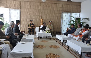 The Governor of Arunachal Pradesh Shri V. Shanmuganathan along with Chief Minister Shri Pema Khandu, Union Minister for Road, Transport & Highways, Shri Nitin Gadkari, Union Minister of State (Home) Shri Kiren Rijiju and State Cabinet Ministers at Gandhi hall Raj Bhawan, Itanagar on 14th January�2017 during the High Tea.